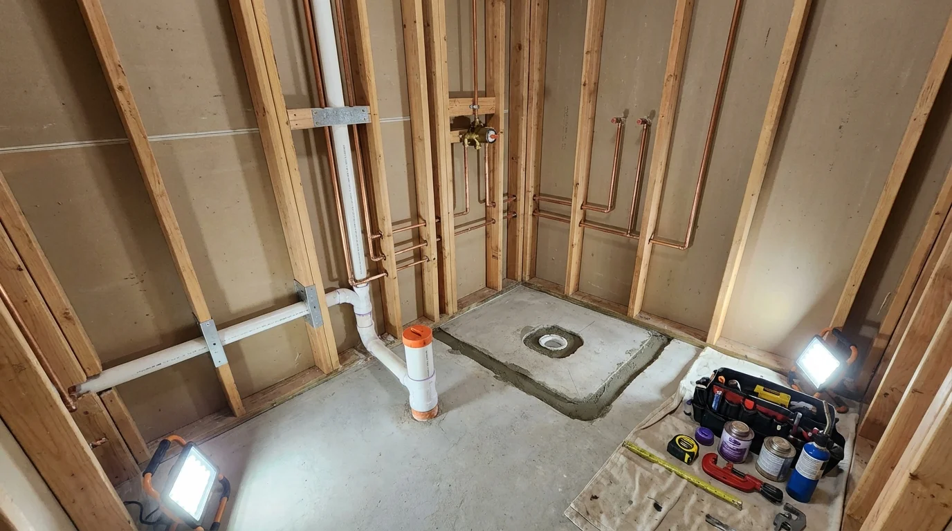 Bathroom rough-in plumbing during remodel by Johns Plumbing LLC in Bunkerville